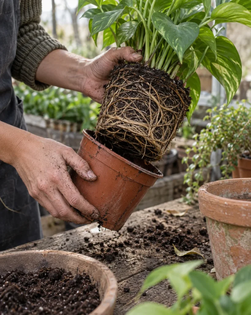 Hands repotting a houseplant
