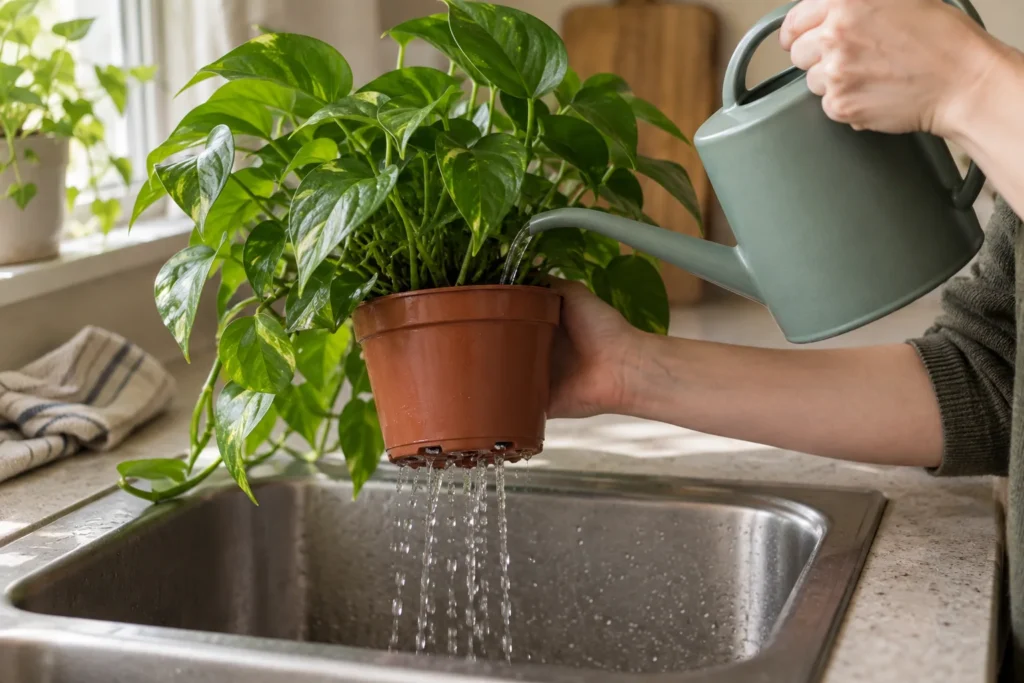 Watering a houseplant carefully